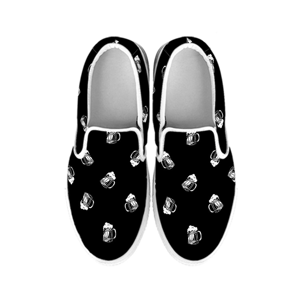 Black And White Beer Pattern Print White Slip On Shoes