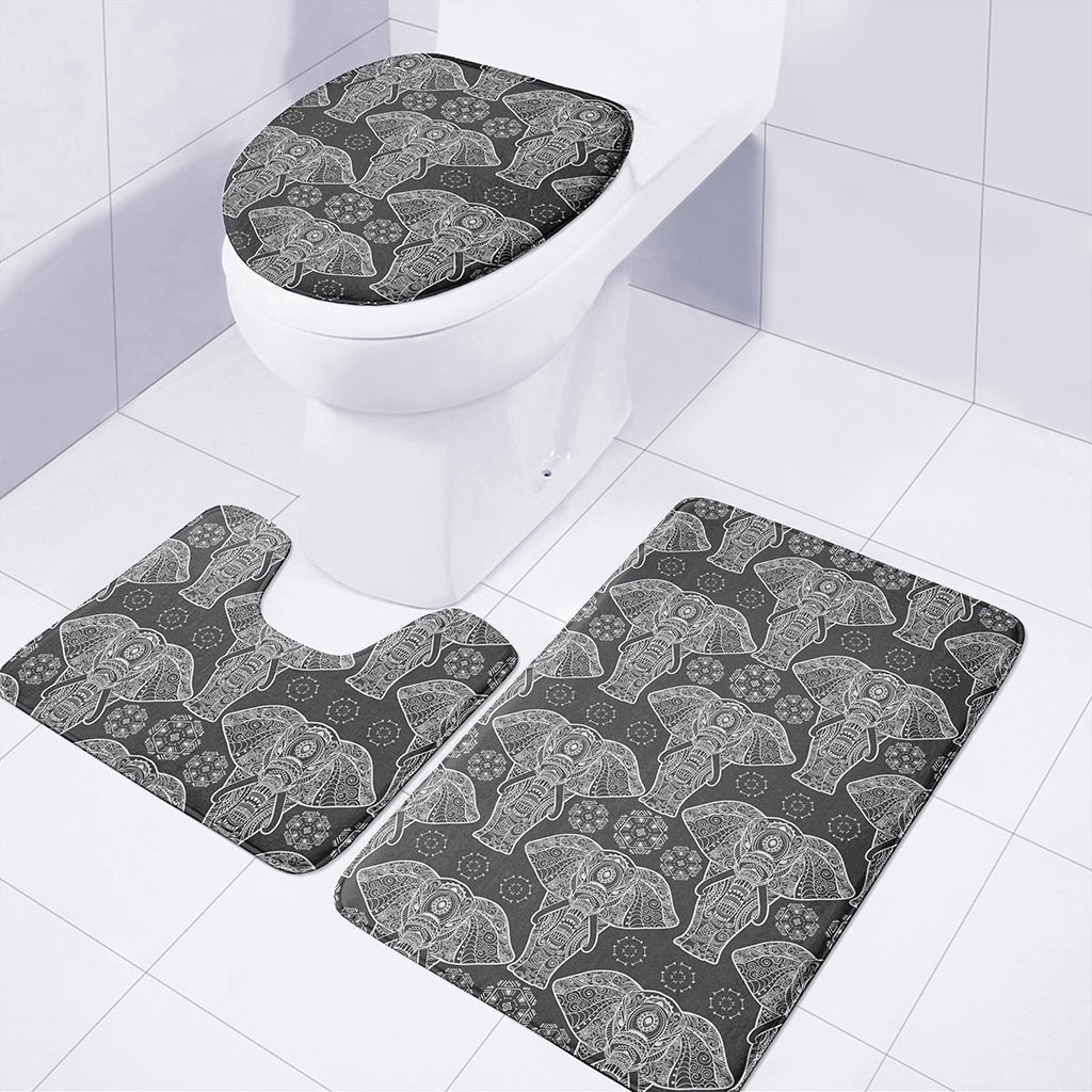 Black And White Boho Elephant Print 3 Piece Bath Mat Set