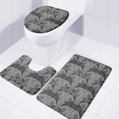 Black And White Boho Elephant Print 3 Piece Bath Mat Set