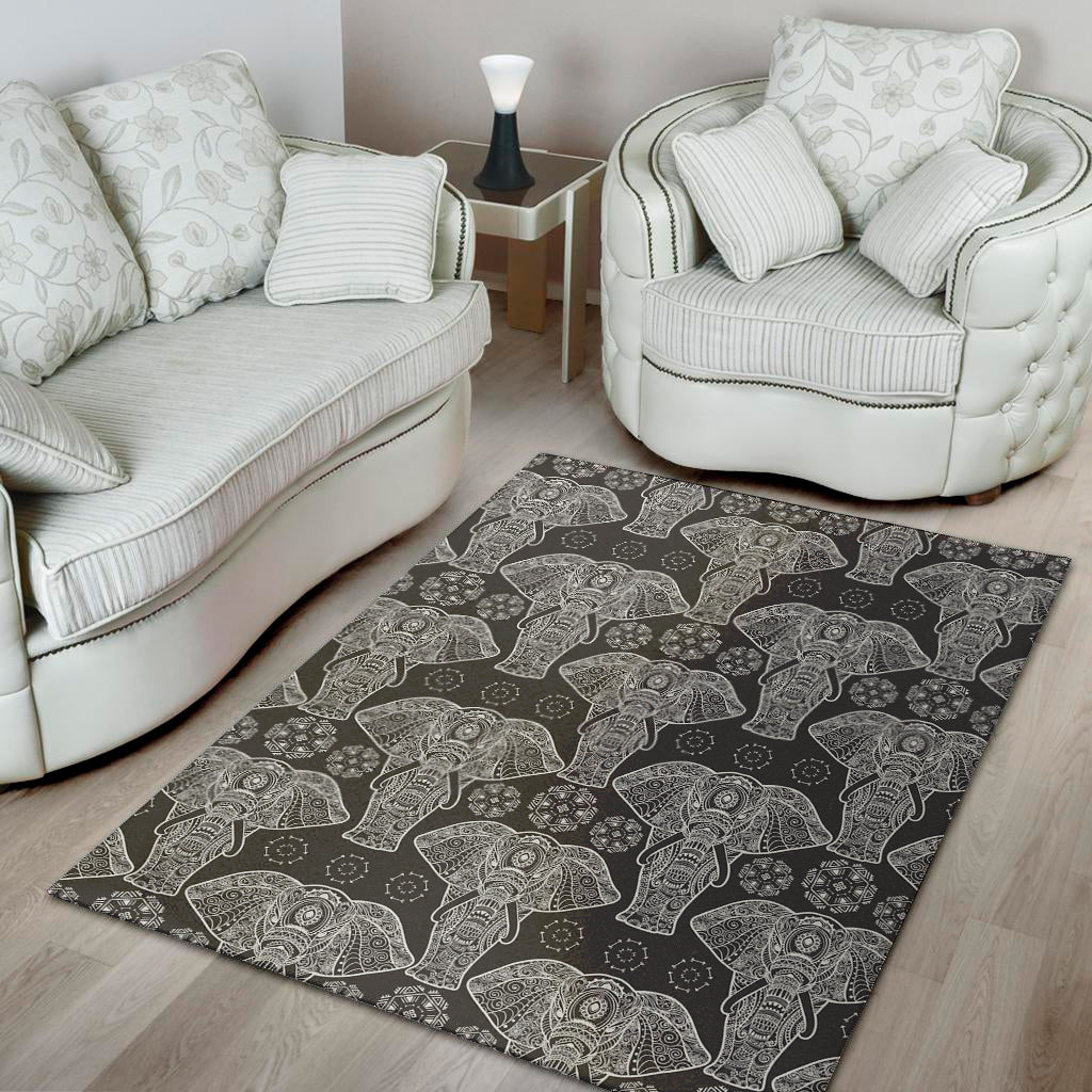 Black And White Boho Elephant Print Area Rug