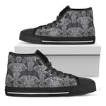 Black And White Boho Elephant Print Black High Top Shoes