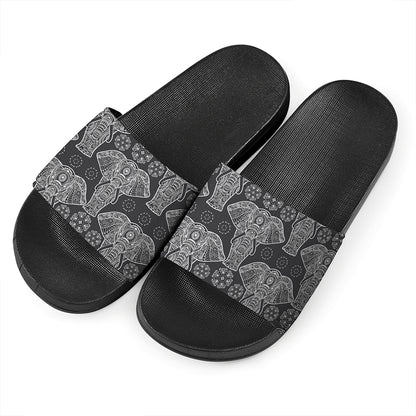 Black And White Boho Elephant Print Black Slide Sandals