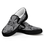 Black And White Boho Elephant Print Black Slip On Shoes