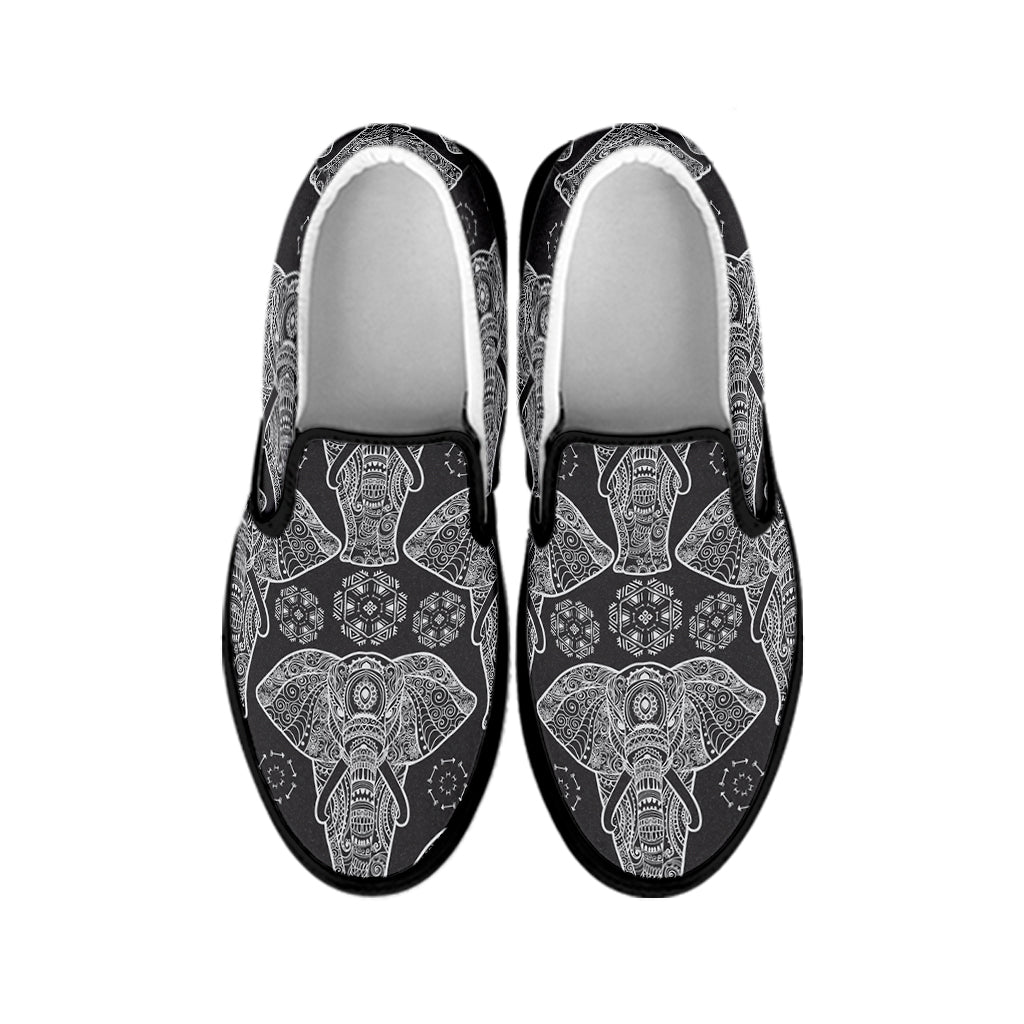 Black And White Boho Elephant Print Black Slip On Shoes