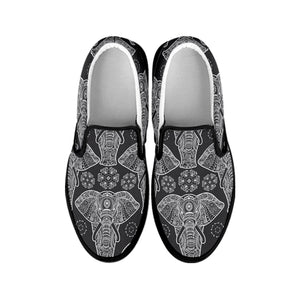 Black And White Boho Elephant Print Black Slip On Shoes