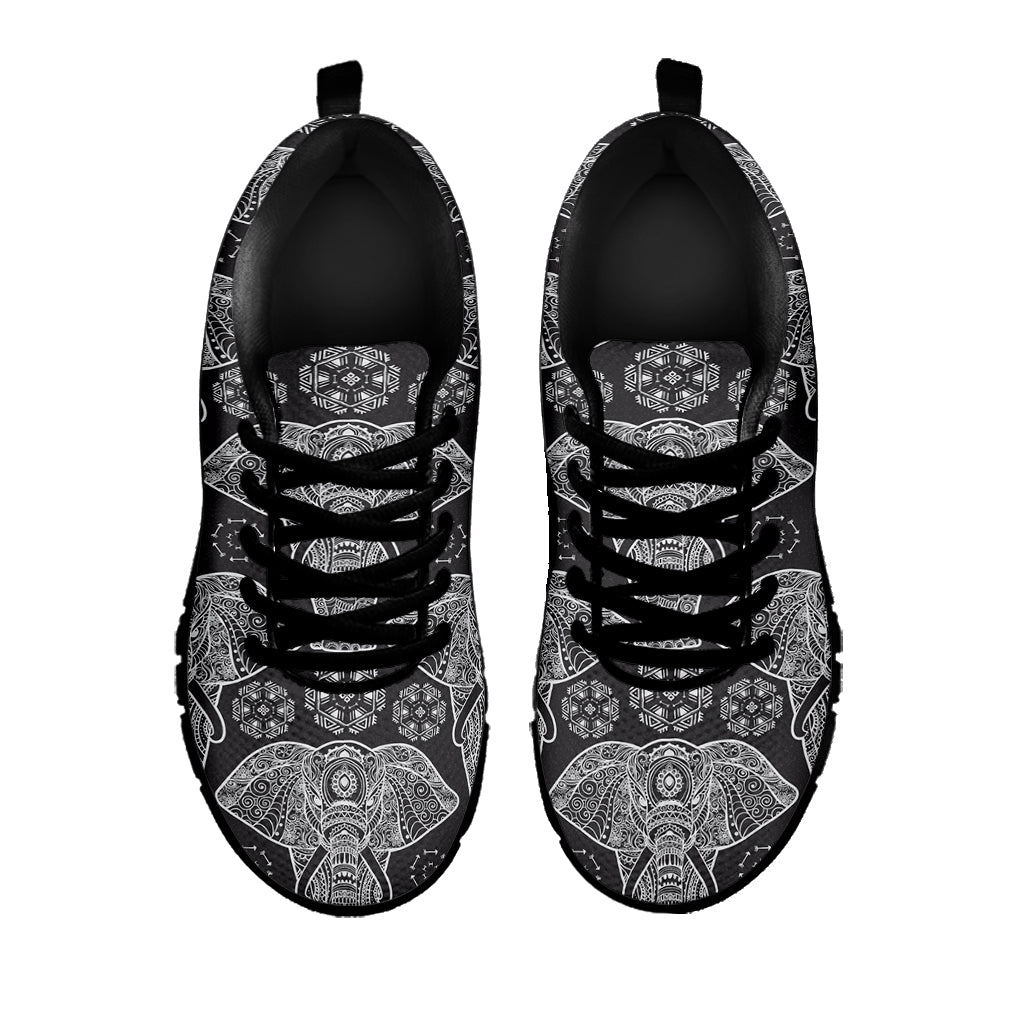 Black And White Boho Elephant Print Black Sneakers