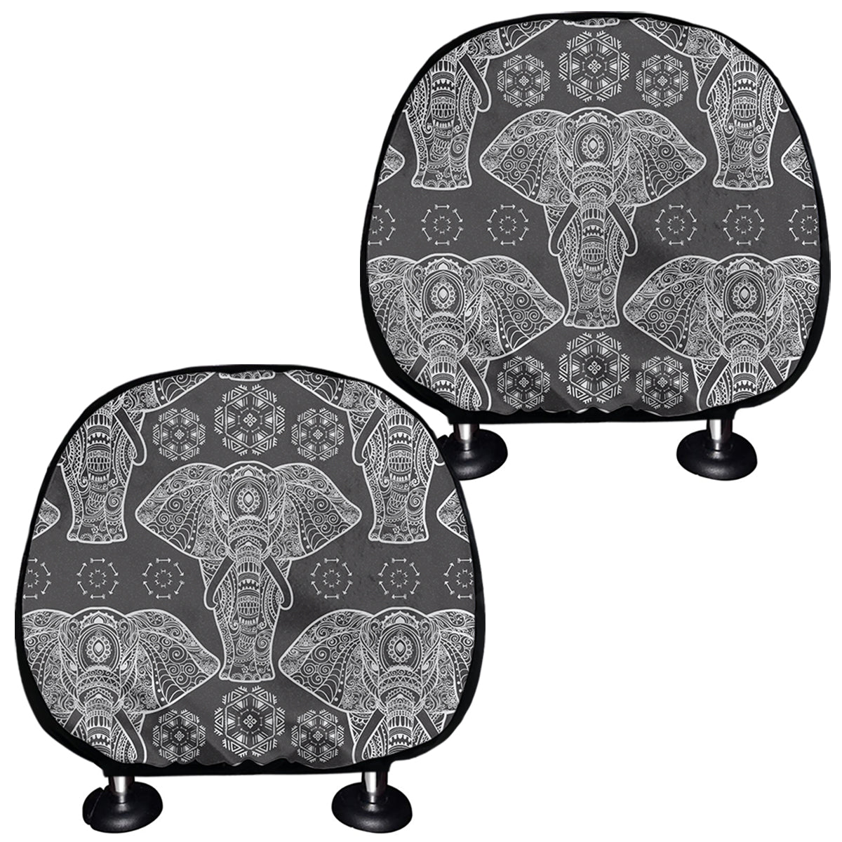 Black And White Boho Elephant Print Car Headrest Covers