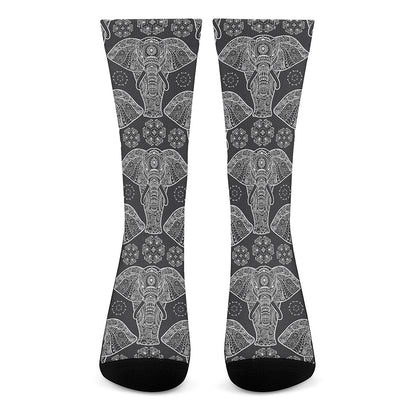 Black And White Boho Elephant Print Crew Socks