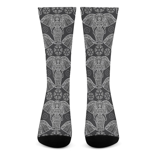 Black And White Boho Elephant Print Crew Socks