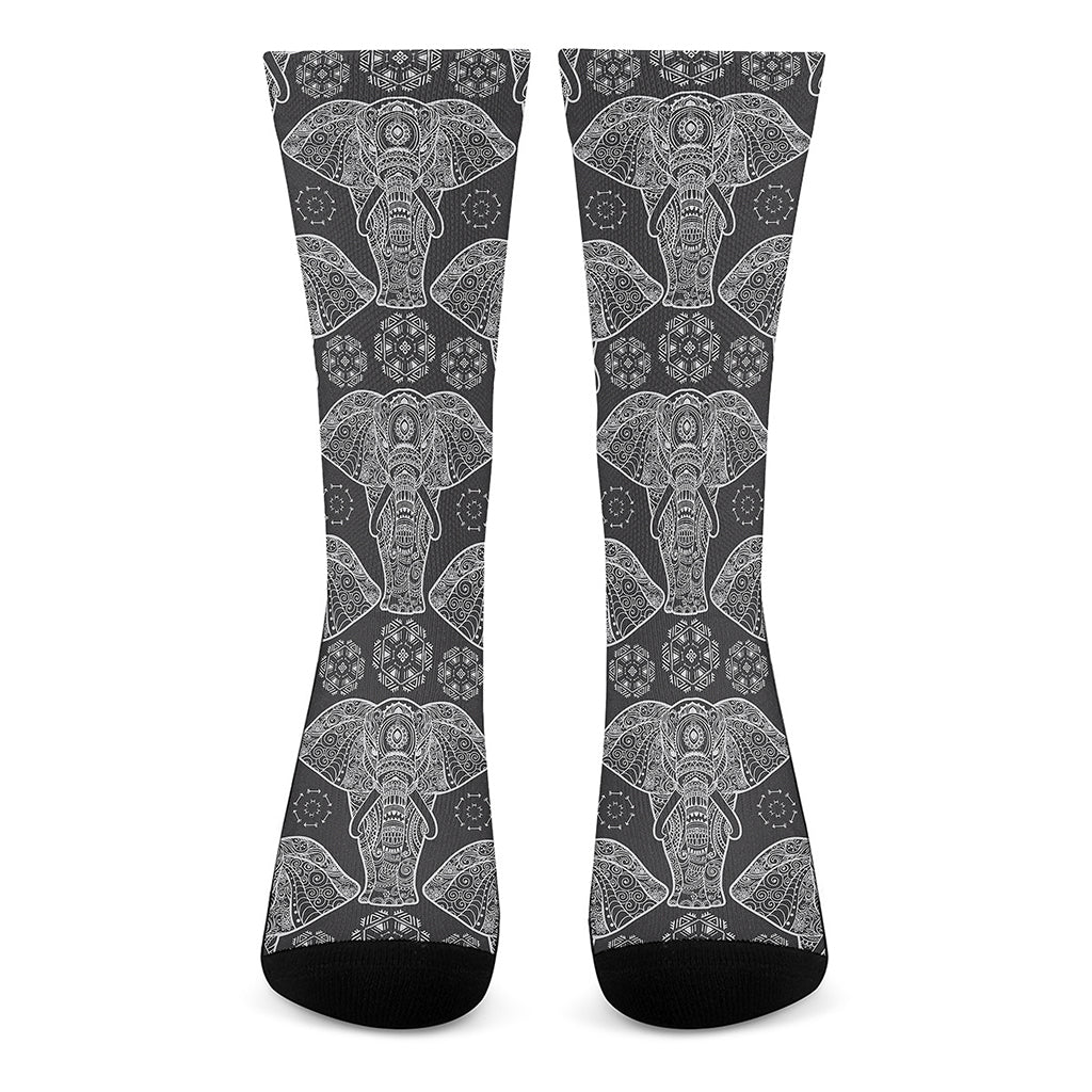 Black And White Boho Elephant Print Crew Socks