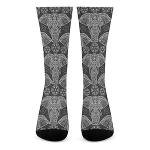 Black And White Boho Elephant Print Crew Socks