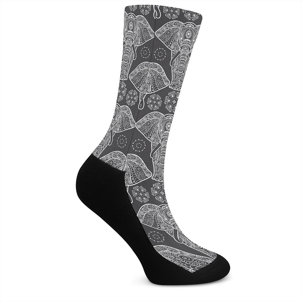 Black And White Boho Elephant Print Crew Socks