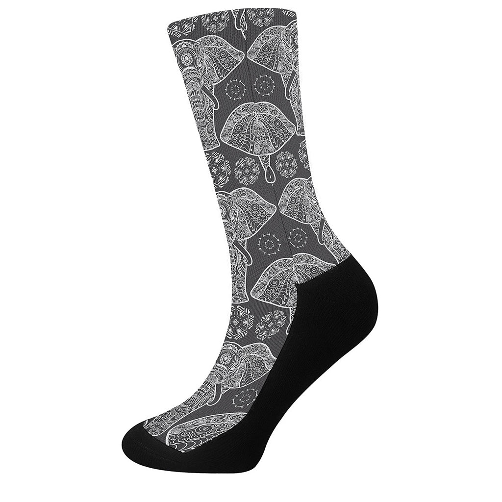 Black And White Boho Elephant Print Crew Socks