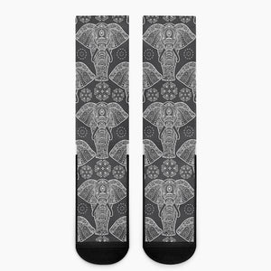 Black And White Boho Elephant Print Crew Socks