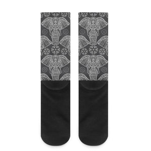 Black And White Boho Elephant Print Crew Socks