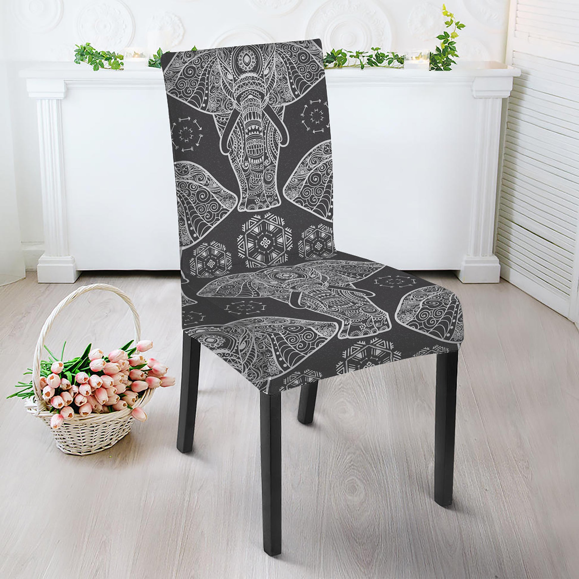 Black And White Boho Elephant Print Dining Chair Slipcover