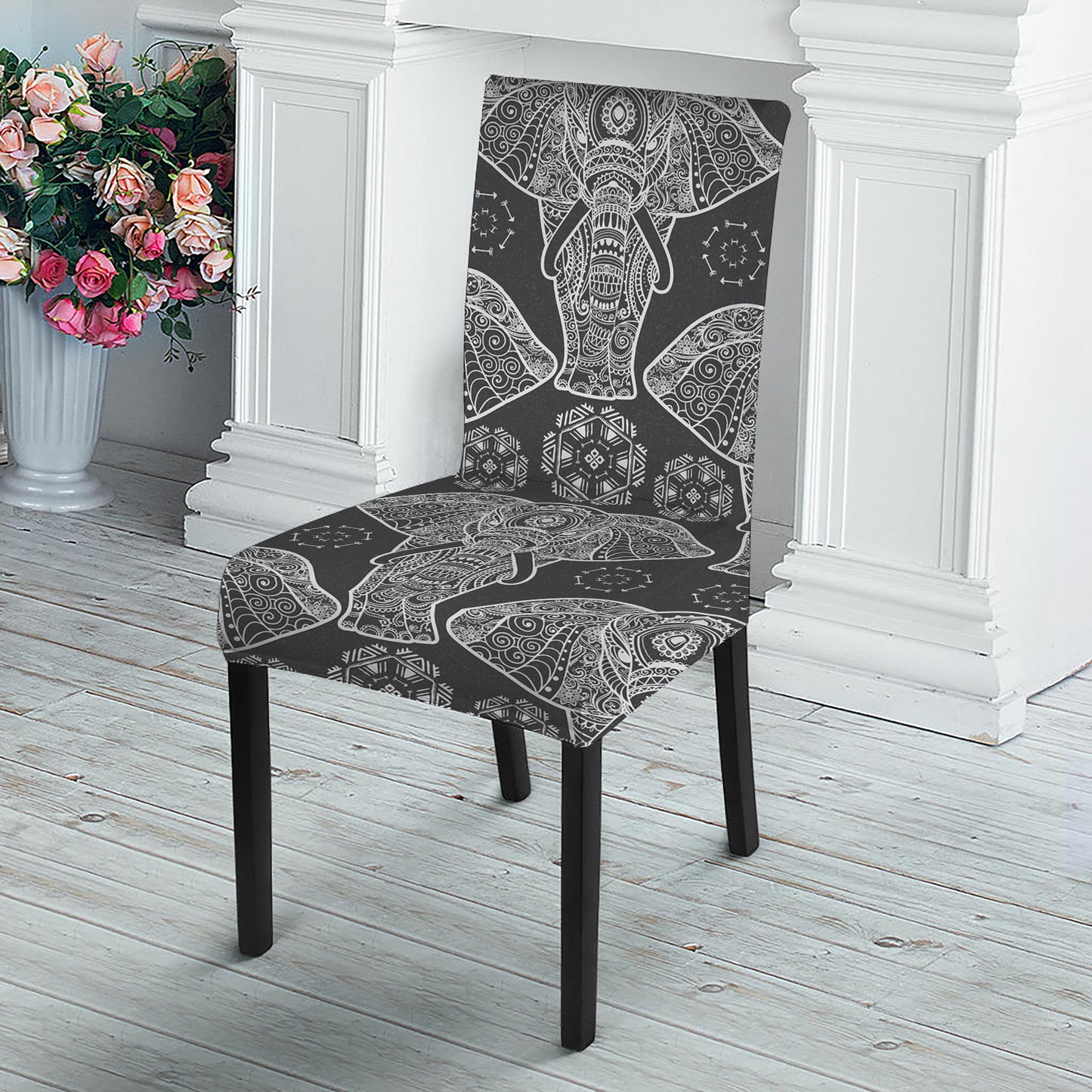 Black And White Boho Elephant Print Dining Chair Slipcover