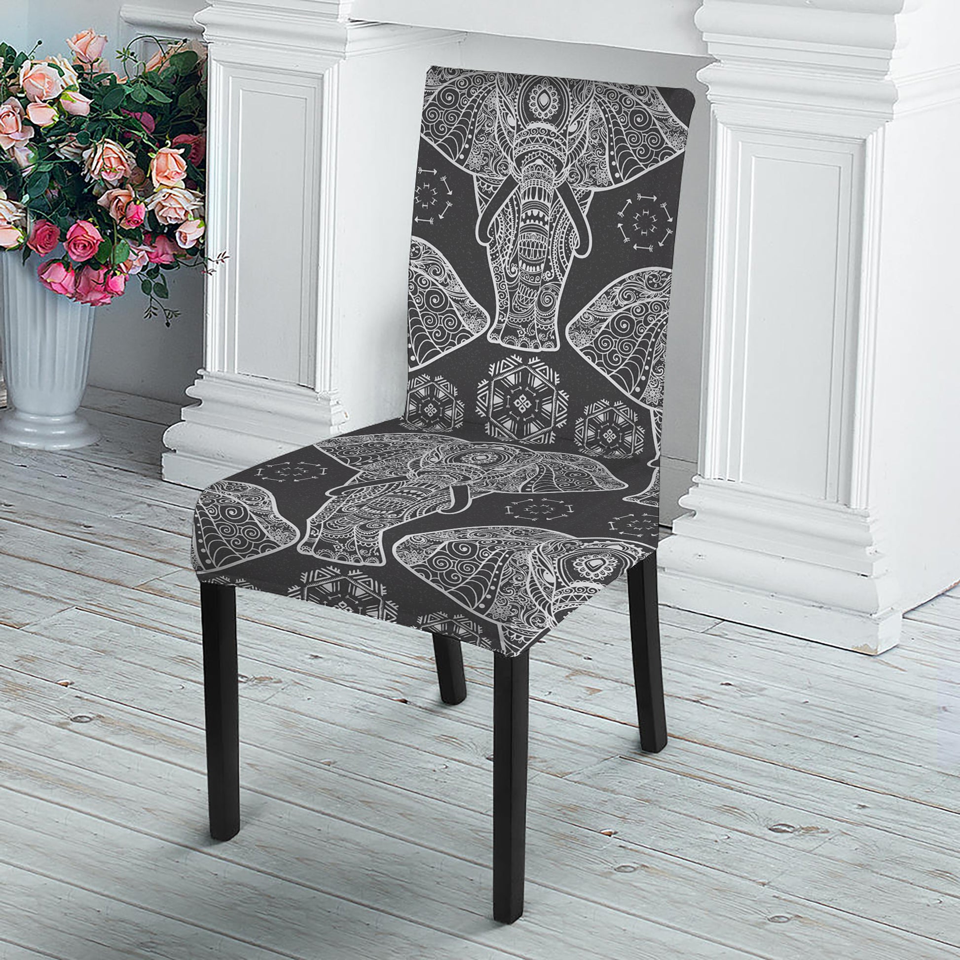 Black And White Boho Elephant Print Dining Chair Slipcover