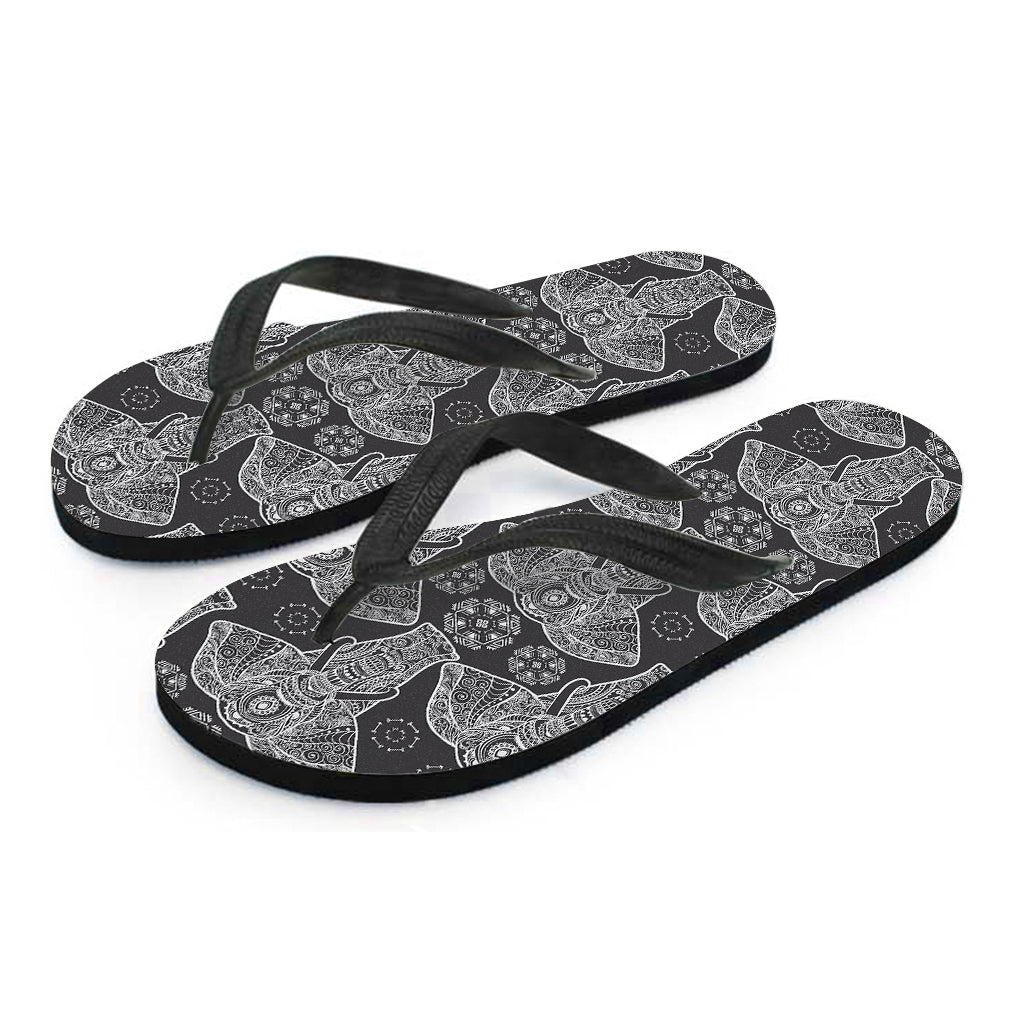 Black And White Boho Elephant Print Flip Flops