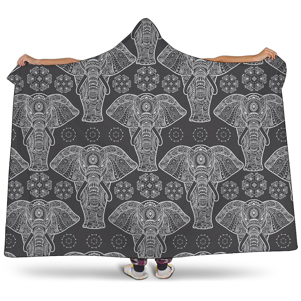 Black And White Boho Elephant Print Hooded Blanket