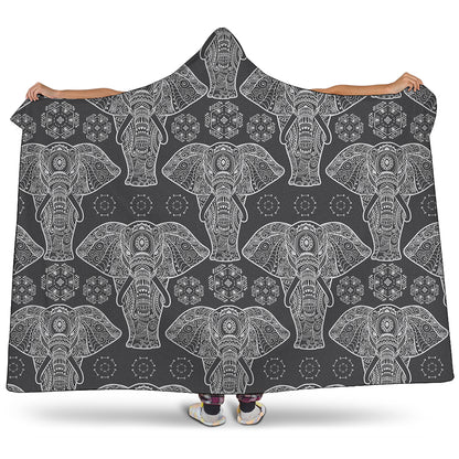 Black And White Boho Elephant Print Hooded Blanket