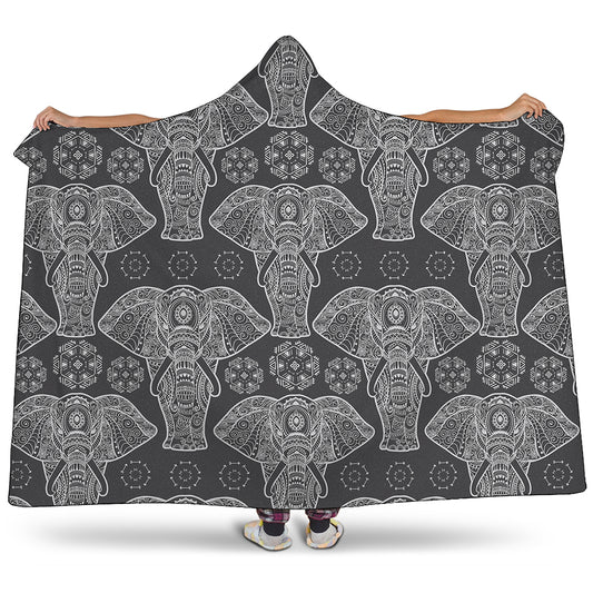 Black And White Boho Elephant Print Hooded Blanket