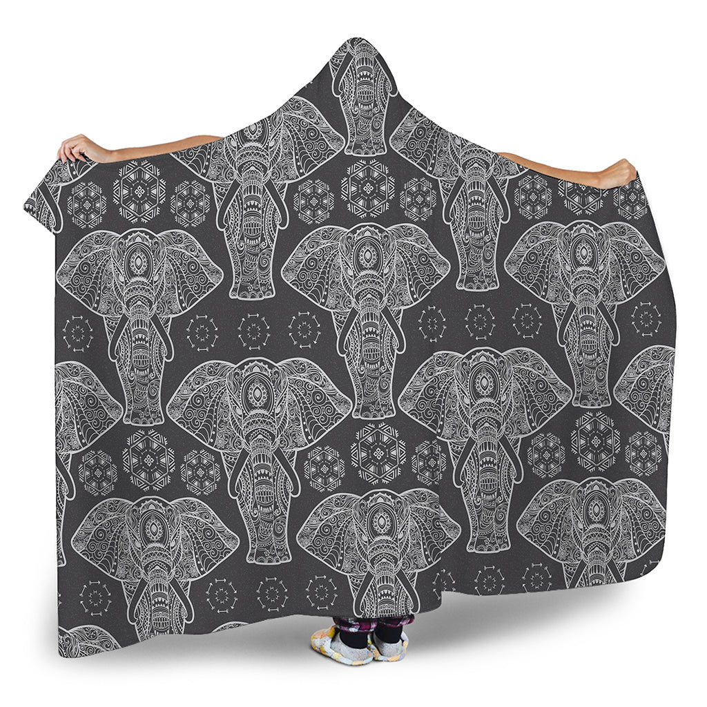 Black And White Boho Elephant Print Hooded Blanket