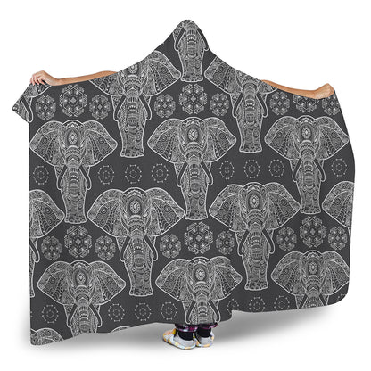 Black And White Boho Elephant Print Hooded Blanket