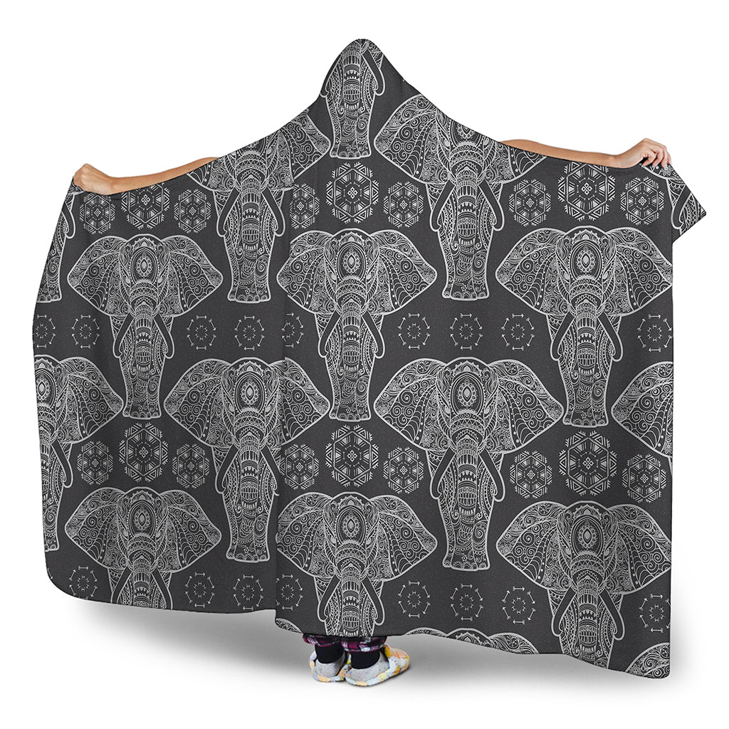Black And White Boho Elephant Print Hooded Blanket