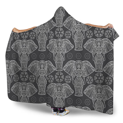 Black And White Boho Elephant Print Hooded Blanket