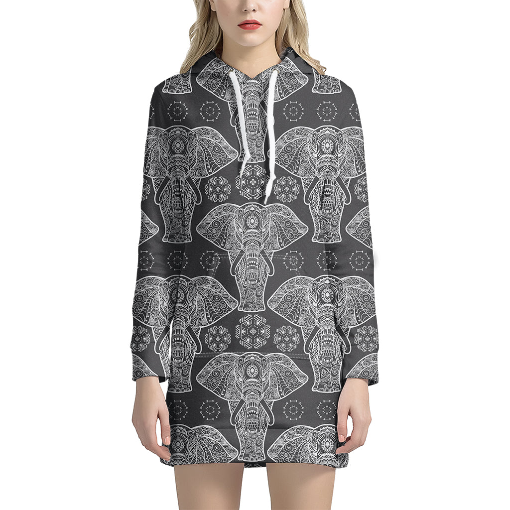 Black And White Boho Elephant Print Hoodie Dress