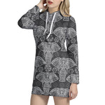 Black And White Boho Elephant Print Hoodie Dress