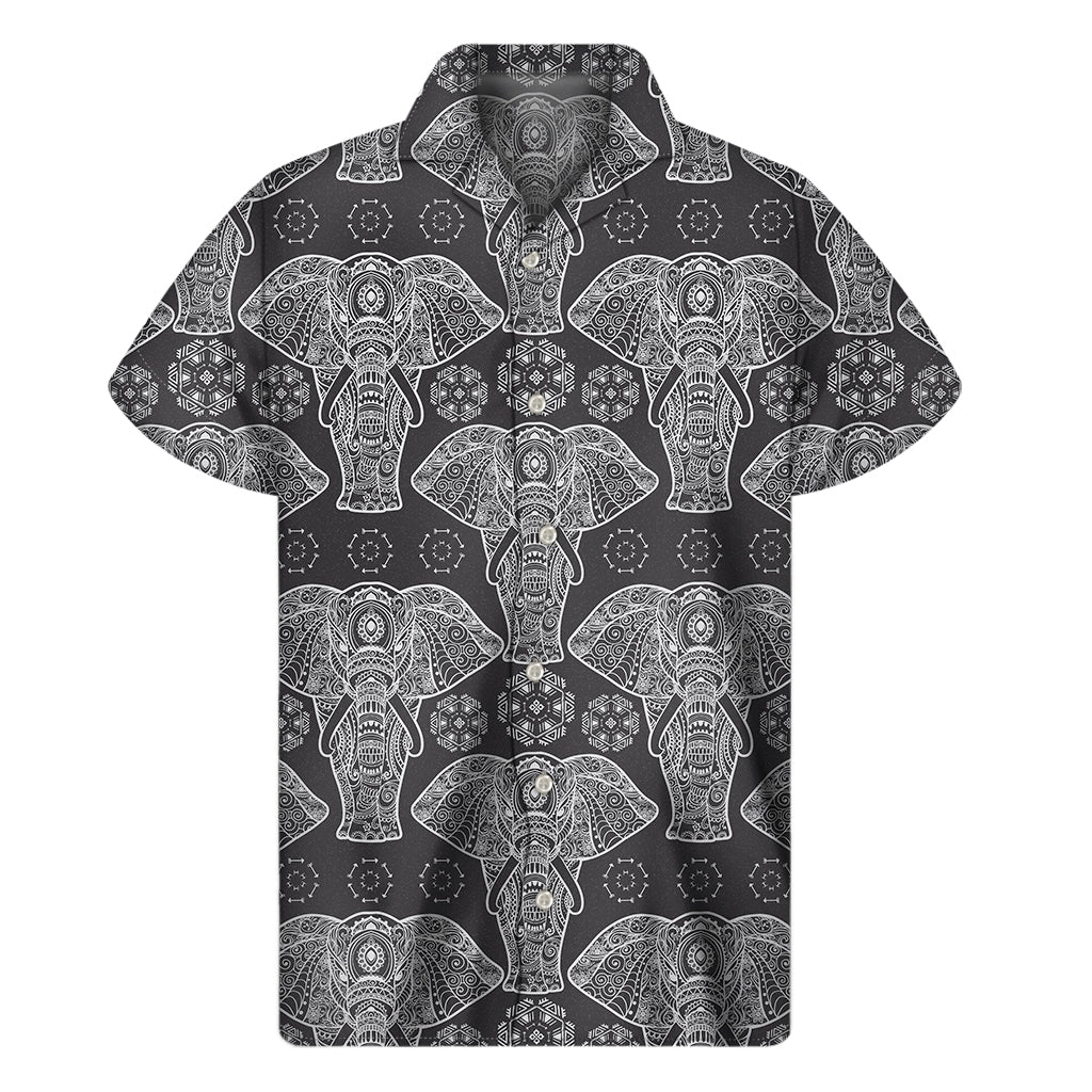 Black And White Boho Elephant Print Men's Short Sleeve Shirt