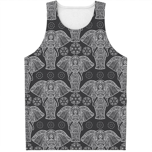Black And White Boho Elephant Print Men's Tank Top