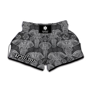 Black And White Boho Elephant Print Muay Thai Boxing Shorts