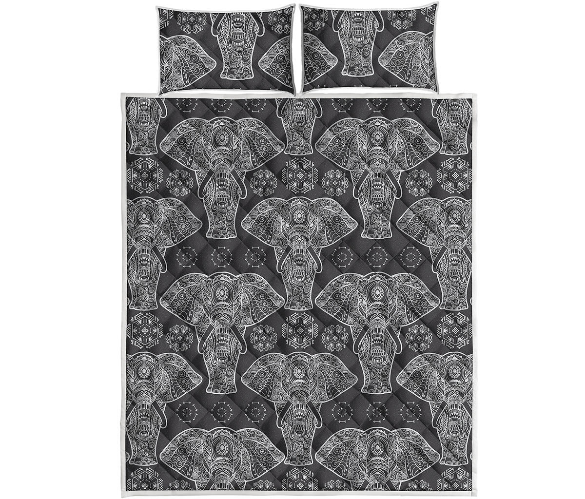 Black And White Boho Elephant Print Quilt Bed Set