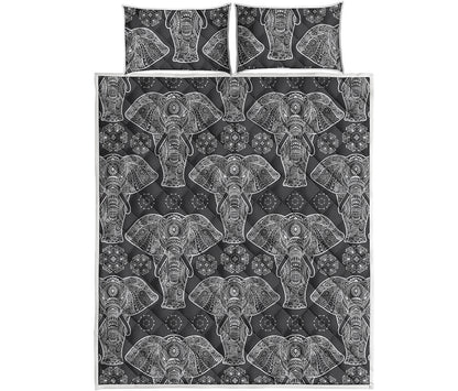 Black And White Boho Elephant Print Quilt Bed Set