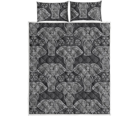 Black And White Boho Elephant Print Quilt Bed Set
