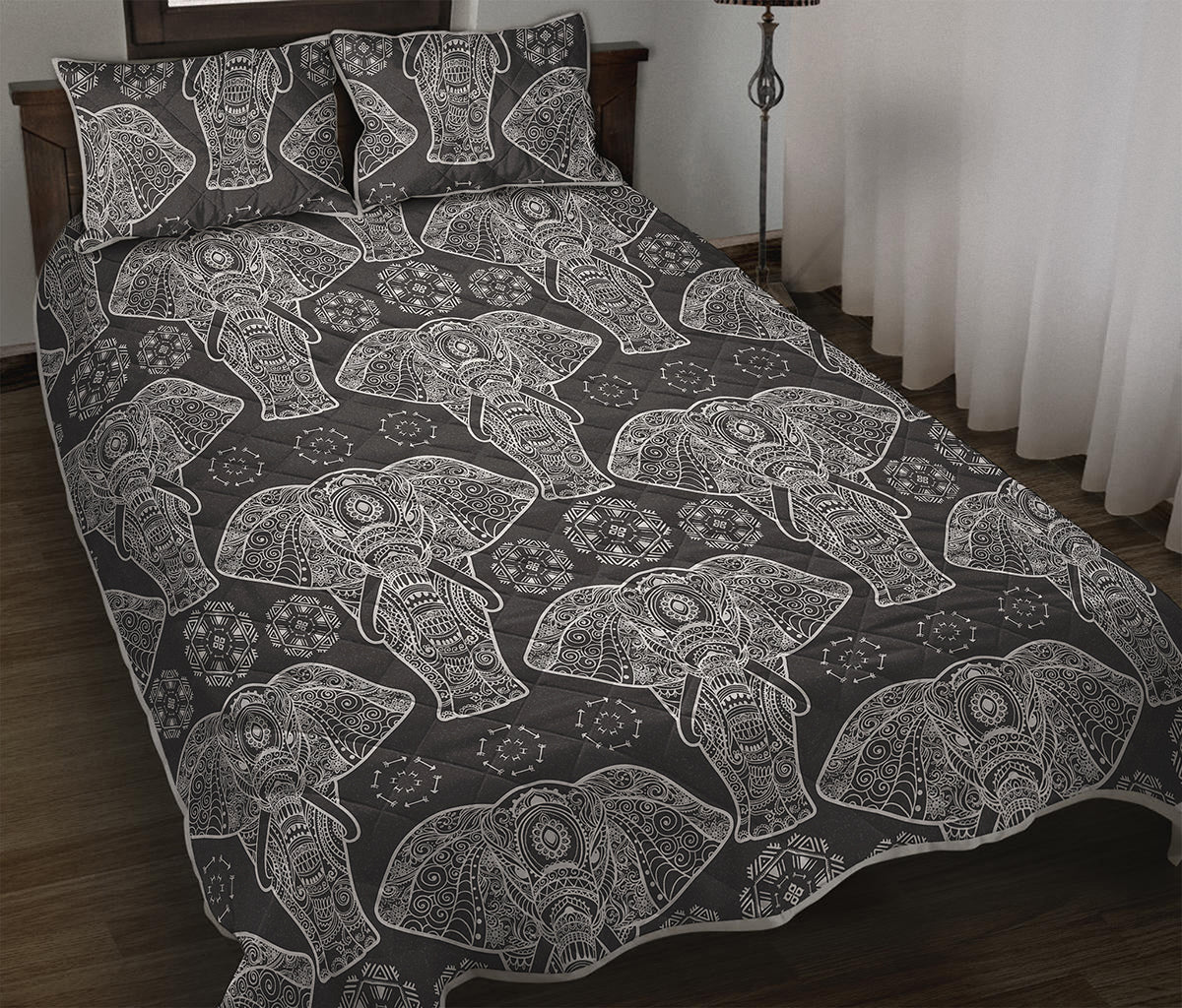 Black And White Boho Elephant Print Quilt Bed Set