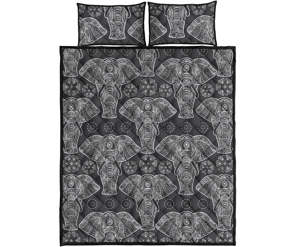 Black And White Boho Elephant Print Quilt Bed Set