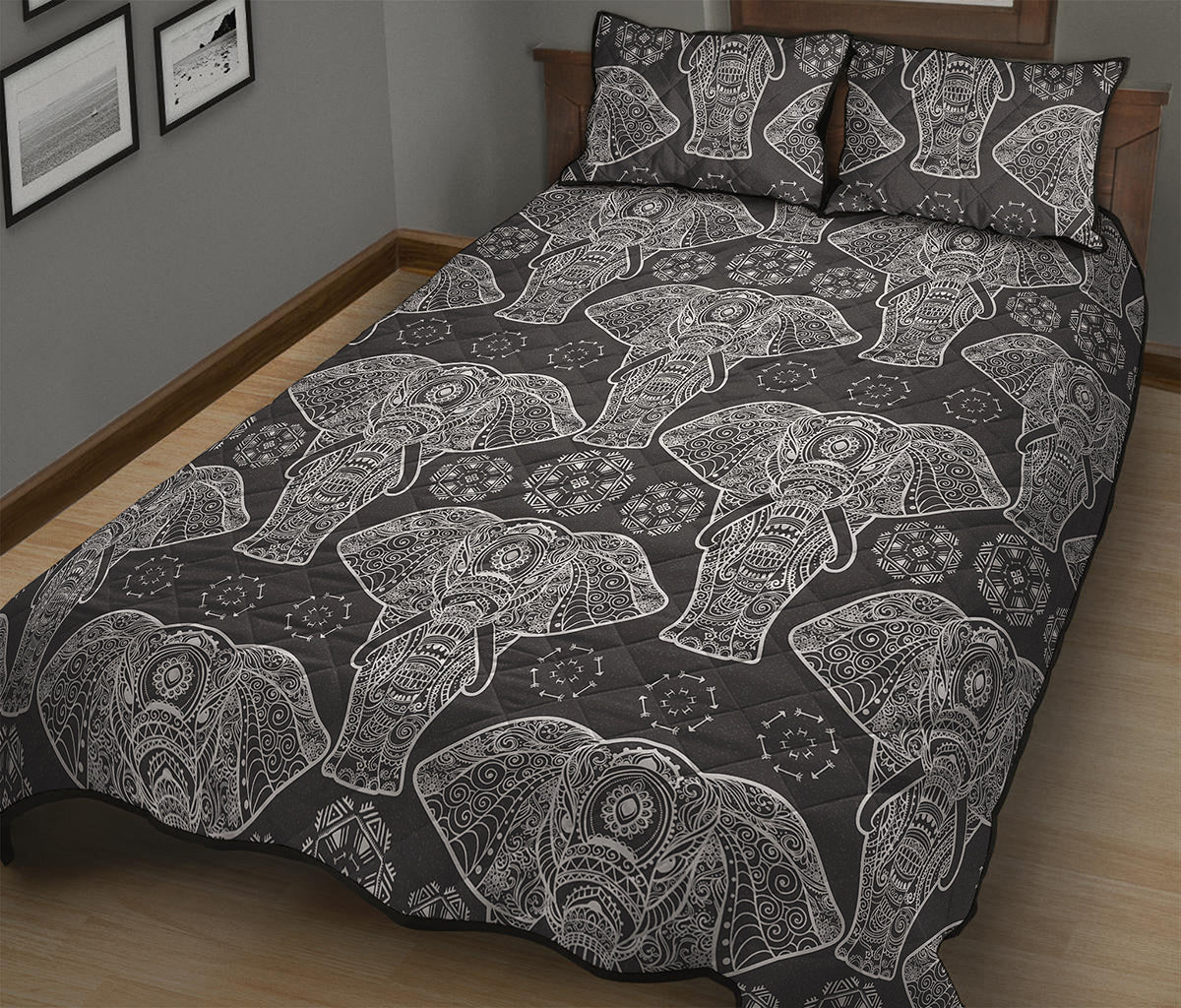 Black And White Boho Elephant Print Quilt Bed Set