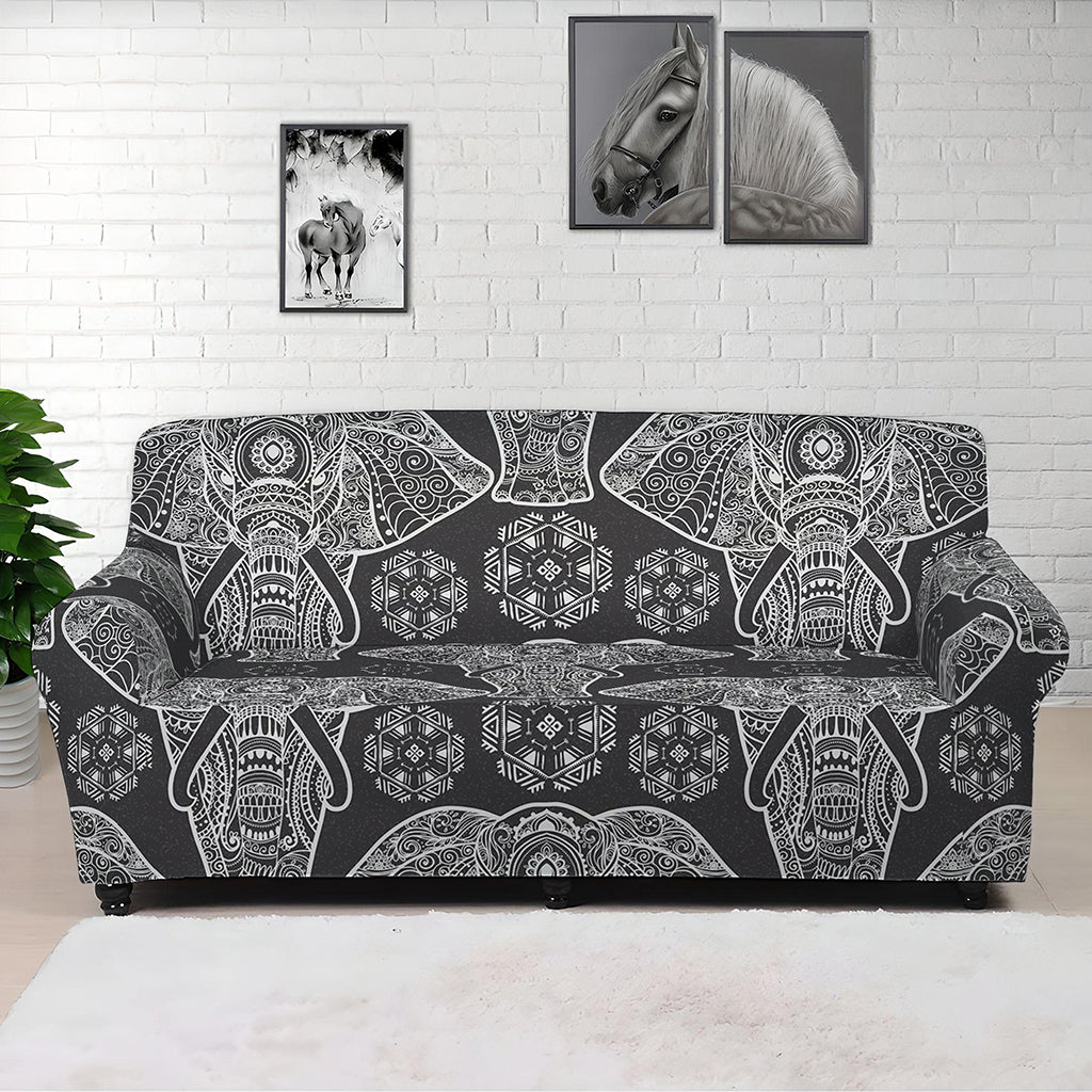 Black And White Boho Elephant Print Sofa Cover