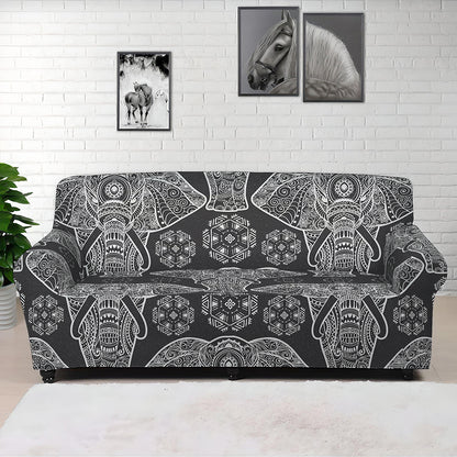 Black And White Boho Elephant Print Sofa Cover