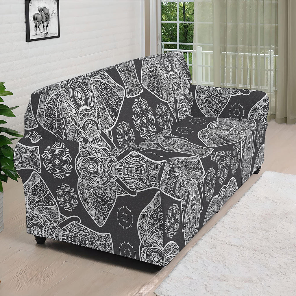 Black And White Boho Elephant Print Sofa Cover