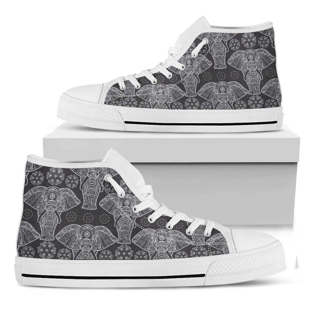 Black And White Boho Elephant Print White High Top Shoes