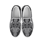 Black And White Boho Elephant Print White Slip On Shoes