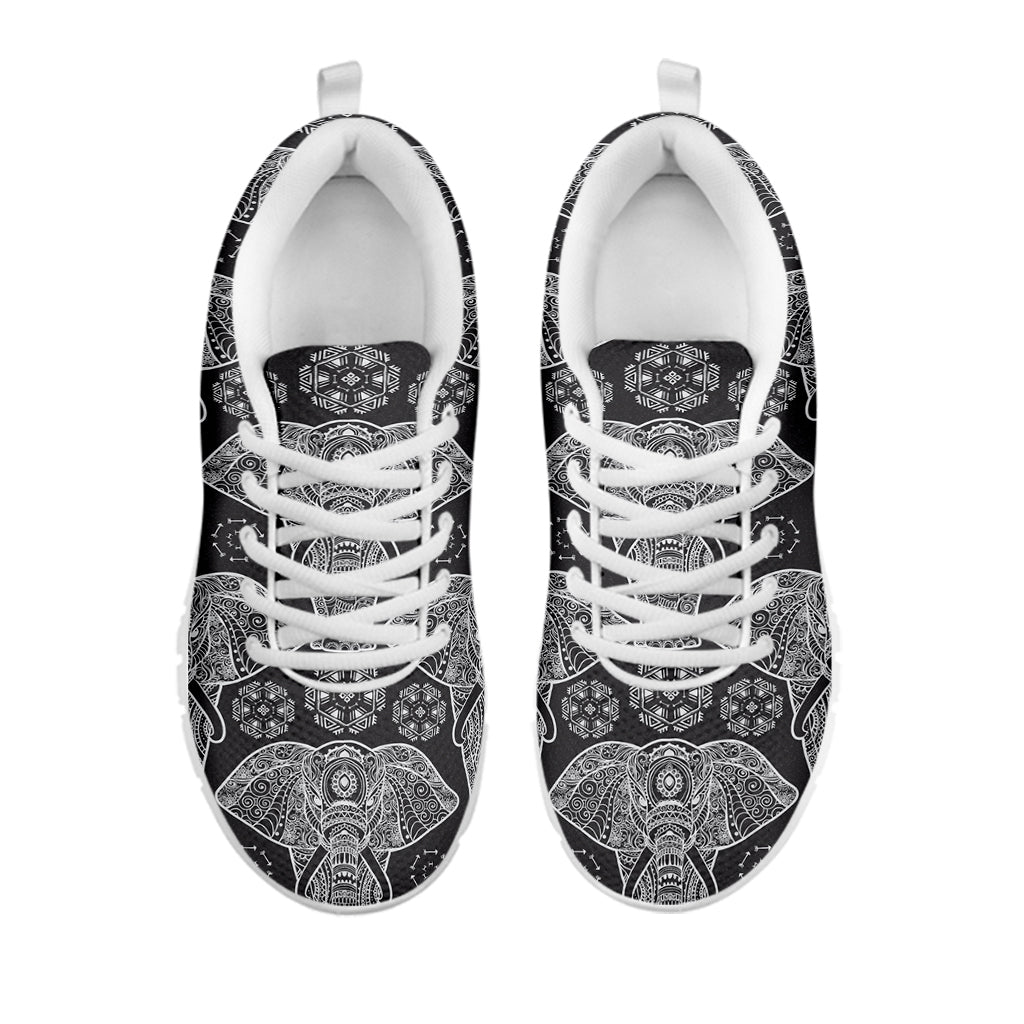 Black And White Boho Elephant Print White Sneakers