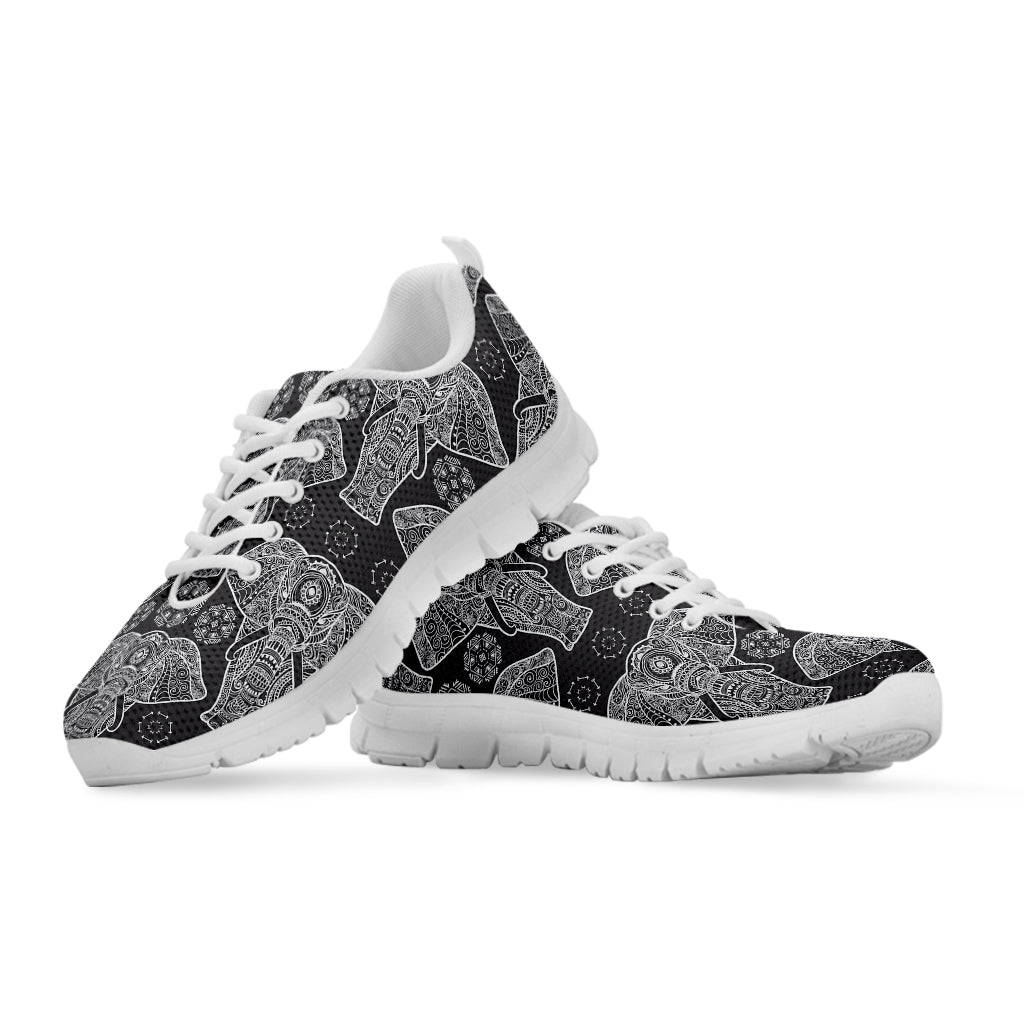 Black And White Boho Elephant Print White Sneakers