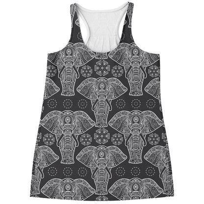 Black And White Boho Elephant Print Women's Racerback Tank Top