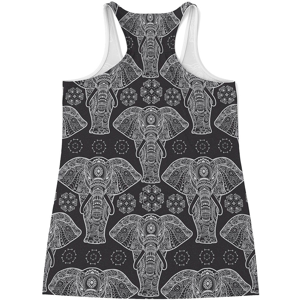 Black And White Boho Elephant Print Women's Racerback Tank Top